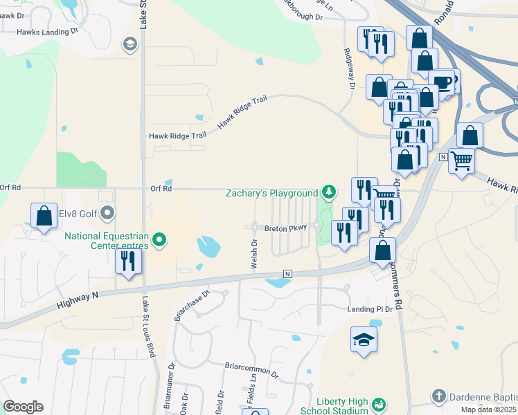 map of restaurants, bars, coffee shops, grocery stores, and more near 7150 Welsh Drive in Lake Saint Louis