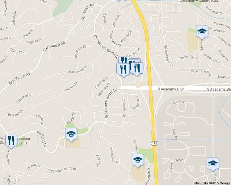 map of restaurants, bars, coffee shops, grocery stores, and more near 610 Echoglen Court in Colorado Springs