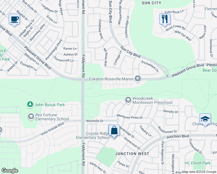 map of restaurants, bars, coffee shops, grocery stores, and more near 2076 Camino Real Way in Roseville