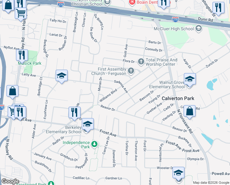 map of restaurants, bars, coffee shops, grocery stores, and more near 217 Williams Boulevard in St. Louis
