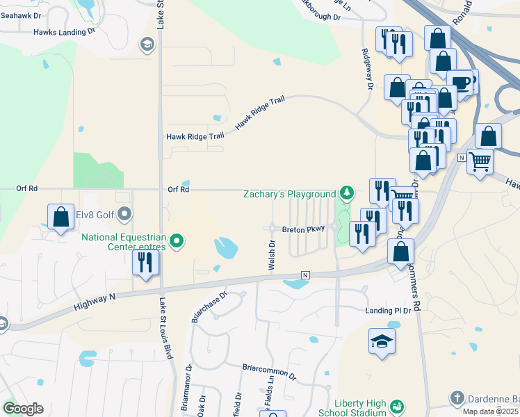 map of restaurants, bars, coffee shops, grocery stores, and more near 9131 Welsh Drive in Lake Saint Louis
