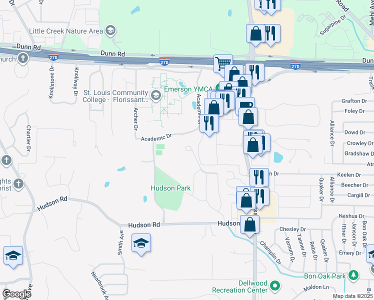 map of restaurants, bars, coffee shops, grocery stores, and more near 1222 Klosterman Drive in Ferguson