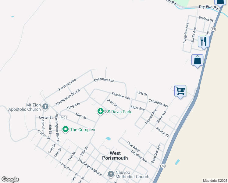 map of restaurants, bars, coffee shops, grocery stores, and more near 1031 Washington Boulevard North in West Portsmouth