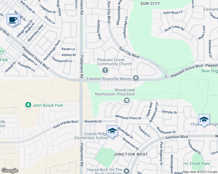 map of restaurants, bars, coffee shops, grocery stores, and more near 2053 Camino Real Way in Roseville