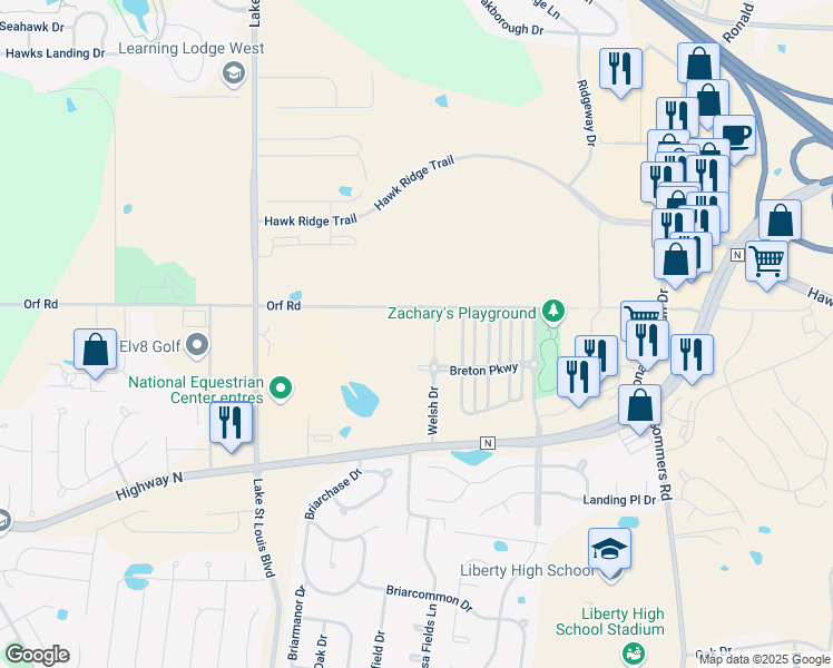 map of restaurants, bars, coffee shops, grocery stores, and more near 9131 Welsh Drive in Lake Saint Louis