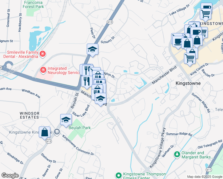 map of restaurants, bars, coffee shops, grocery stores, and more near 6112 Bristol Way in Alexandria