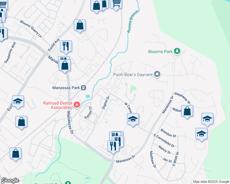 map of restaurants, bars, coffee shops, grocery stores, and more near 9575 Walker Way in Manassas Park