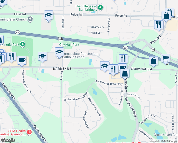 map of restaurants, bars, coffee shops, grocery stores, and more near 114 Timber Creek Drive in O'Fallon
