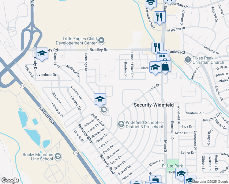 map of restaurants, bars, coffee shops, grocery stores, and more near 4585 Dooley Way in Colorado Springs
