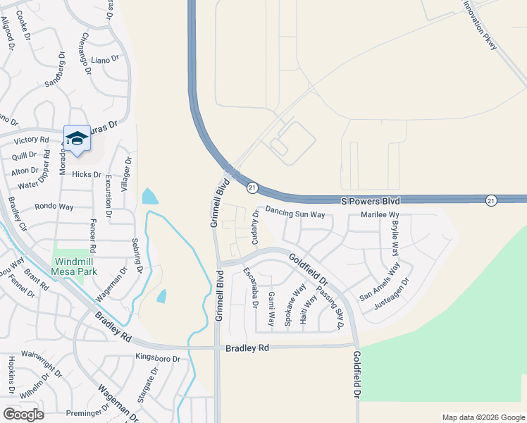 map of restaurants, bars, coffee shops, grocery stores, and more near 5908 Dancing Sun Way in Colorado Springs