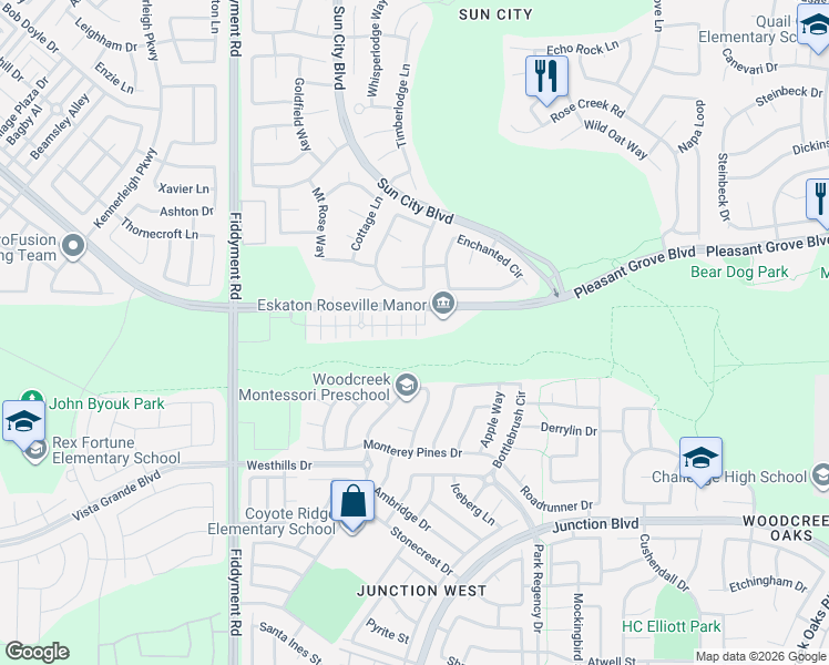 map of restaurants, bars, coffee shops, grocery stores, and more near 1732 Camino Real Way in Roseville