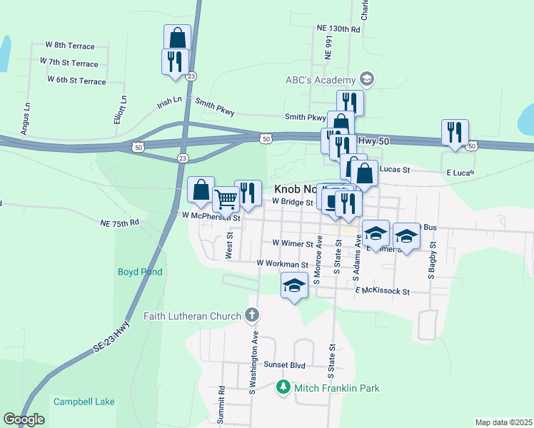 map of restaurants, bars, coffee shops, grocery stores, and more near 108 North Washington Avenue in Knob Noster