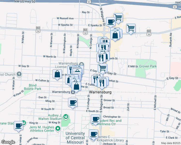 map of restaurants, bars, coffee shops, grocery stores, and more near 141 East Gay Street in Warrensburg