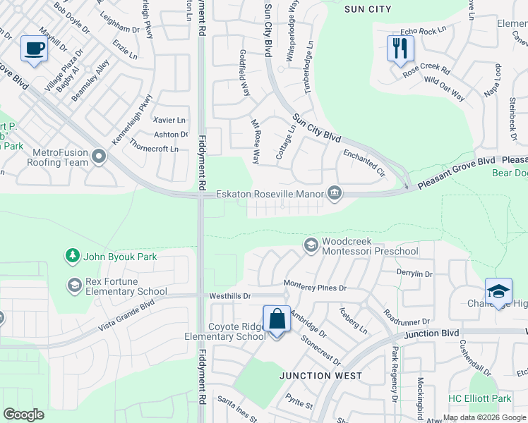 map of restaurants, bars, coffee shops, grocery stores, and more near 2101 Camino Real Way in Roseville