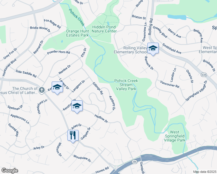 map of restaurants, bars, coffee shops, grocery stores, and more near 6909 Ashbury Drive in Springfield
