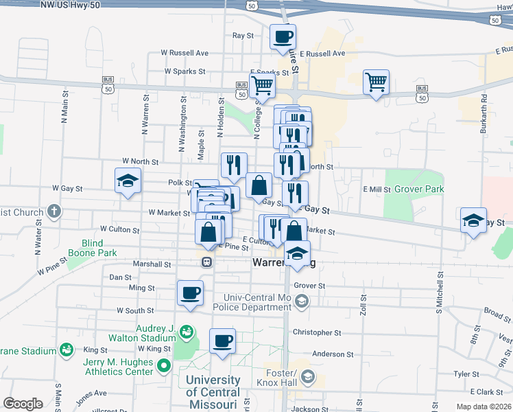map of restaurants, bars, coffee shops, grocery stores, and more near 141 East Gay Street in Warrensburg
