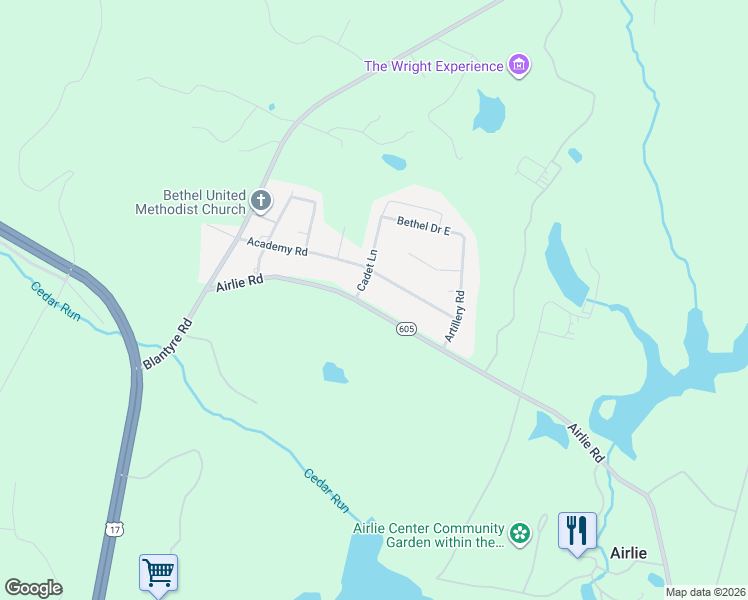 map of restaurants, bars, coffee shops, grocery stores, and more near 7196 Airlie Road in Warrenton