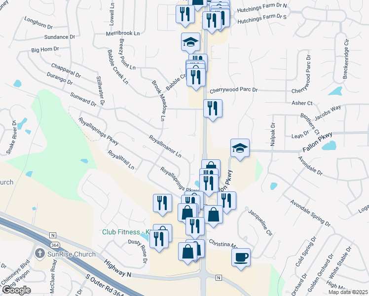 map of restaurants, bars, coffee shops, grocery stores, and more near 28 Royallbend Court in O'Fallon