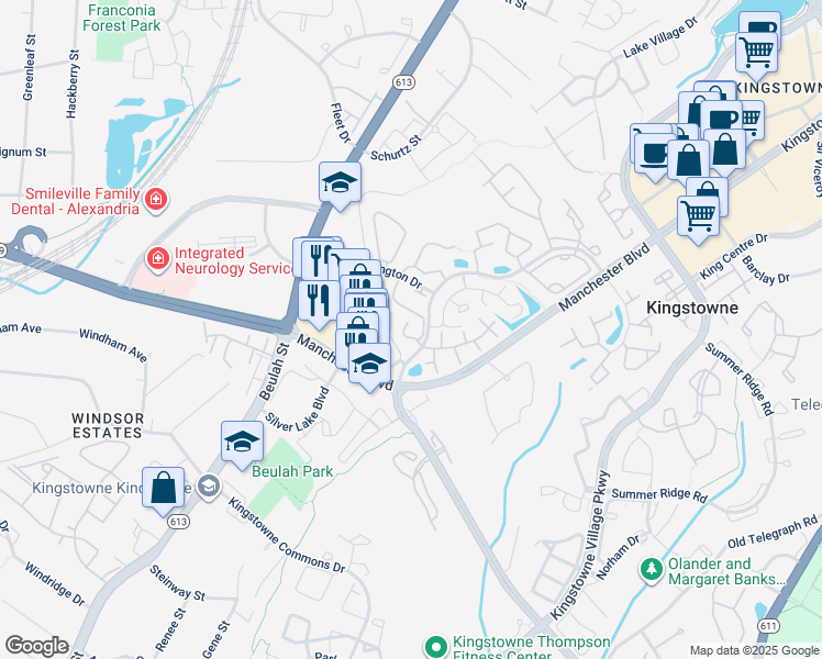 map of restaurants, bars, coffee shops, grocery stores, and more near 6116 Bristol Way in Alexandria