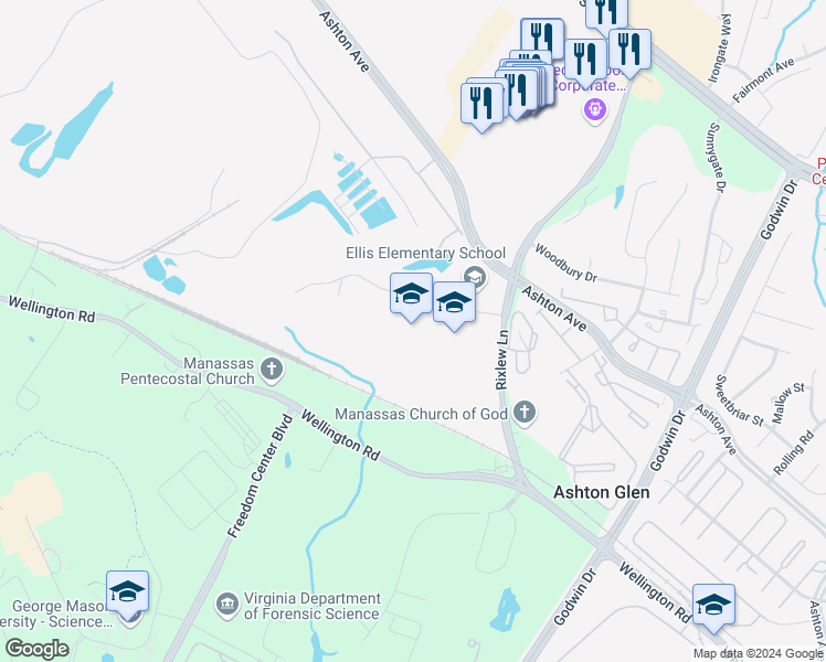 map of restaurants, bars, coffee shops, grocery stores, and more near 10400 Kim Graham Lane in Manassas