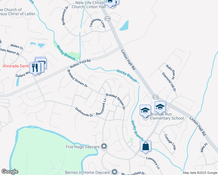 map of restaurants, bars, coffee shops, grocery stores, and more near 8780 Partridge Run Way in Bristow
