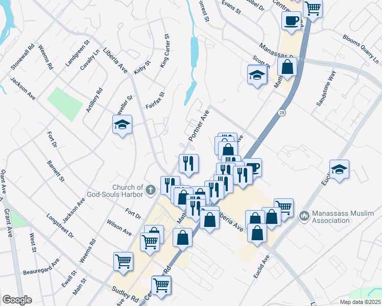 map of restaurants, bars, coffee shops, grocery stores, and more near 8659 Diane Court in Manassas