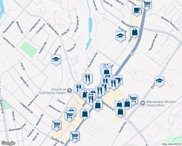 map of restaurants, bars, coffee shops, grocery stores, and more near 8674 Diane Court in Manassas