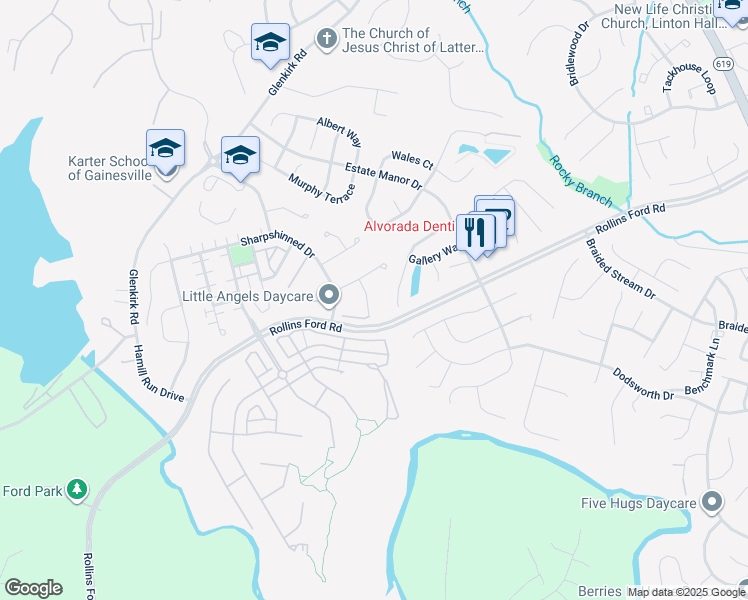 map of restaurants, bars, coffee shops, grocery stores, and more near 14112 Redstart Court in Gainesville