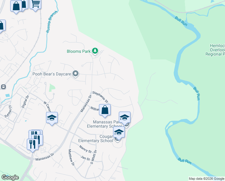 map of restaurants, bars, coffee shops, grocery stores, and more near 9310 Laurie Court in Manassas Park