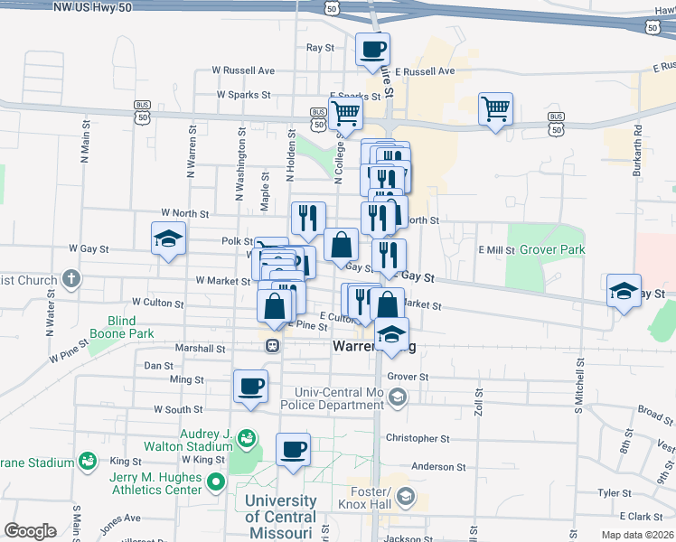 map of restaurants, bars, coffee shops, grocery stores, and more near 141 East Gay Street in Warrensburg