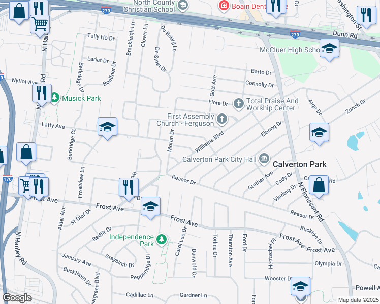 map of restaurants, bars, coffee shops, grocery stores, and more near 217 Williams Boulevard in St. Louis