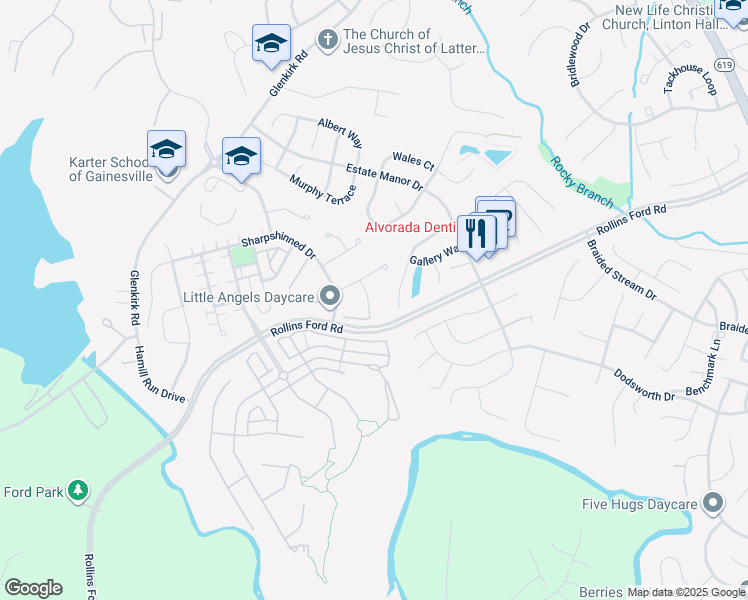 map of restaurants, bars, coffee shops, grocery stores, and more near 14112 Redstart Court in Gainesville