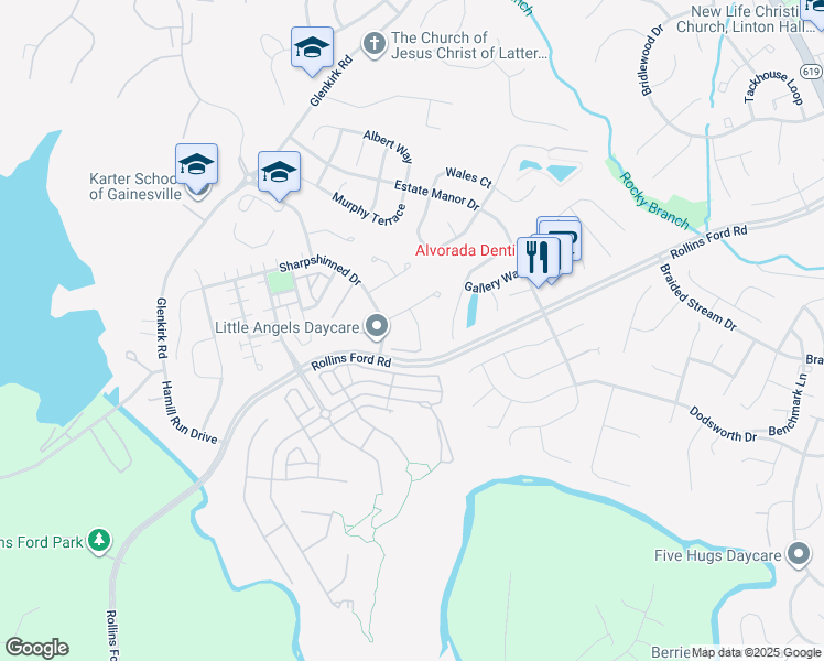 map of restaurants, bars, coffee shops, grocery stores, and more near 14117 Redstart Court in Gainesville