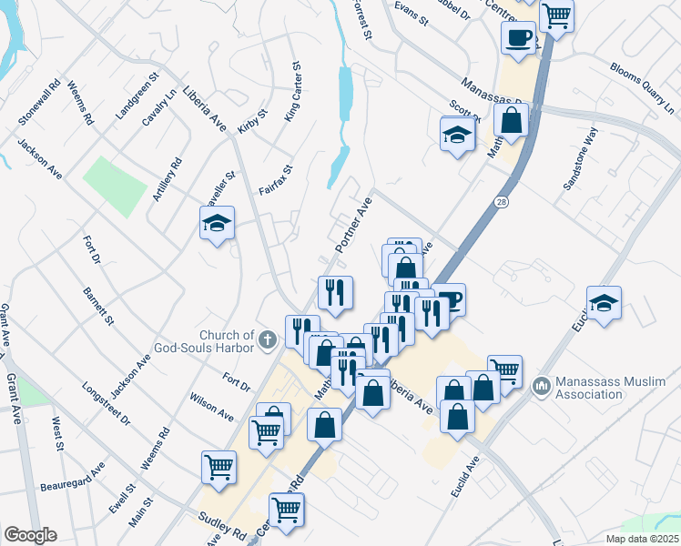 map of restaurants, bars, coffee shops, grocery stores, and more near 8659 Diane Court in Manassas