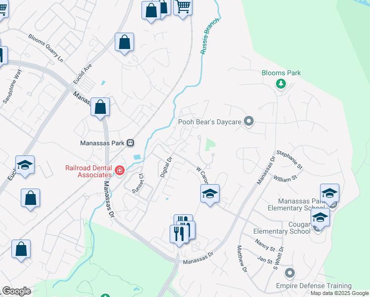 map of restaurants, bars, coffee shops, grocery stores, and more near 9113 Walker Way in Manassas Park