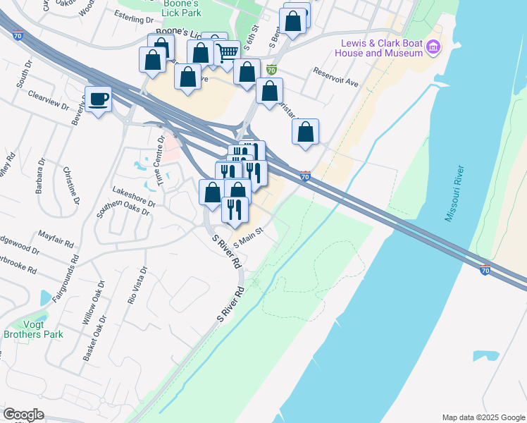 map of restaurants, bars, coffee shops, grocery stores, and more near 1411 South Main Street in Saint Charles