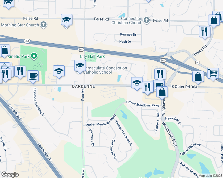 map of restaurants, bars, coffee shops, grocery stores, and more near 114 Timber Creek Drive in O'Fallon