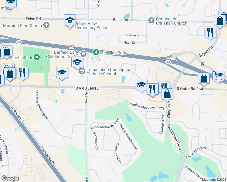 map of restaurants, bars, coffee shops, grocery stores, and more near 181 Timber Creek Drive in O'Fallon