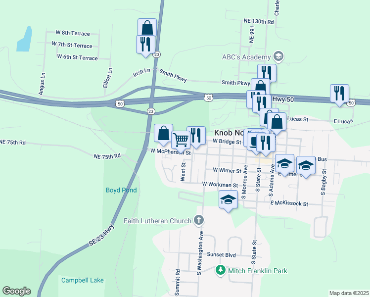 map of restaurants, bars, coffee shops, grocery stores, and more near 119 North Harrison Street in Knob Noster