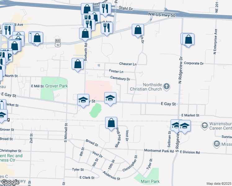 map of restaurants, bars, coffee shops, grocery stores, and more near 415 Burkarth Road in Warrensburg