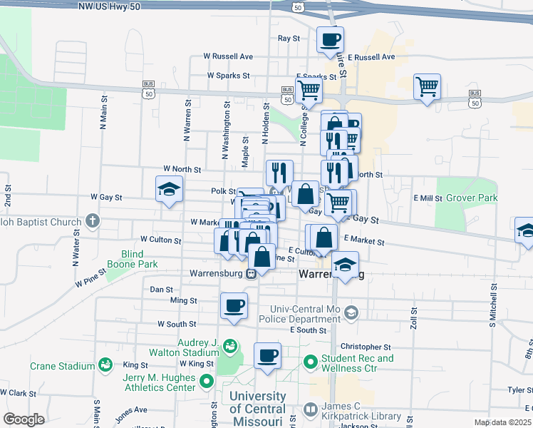 map of restaurants, bars, coffee shops, grocery stores, and more near 123 East Gay Street in Warrensburg