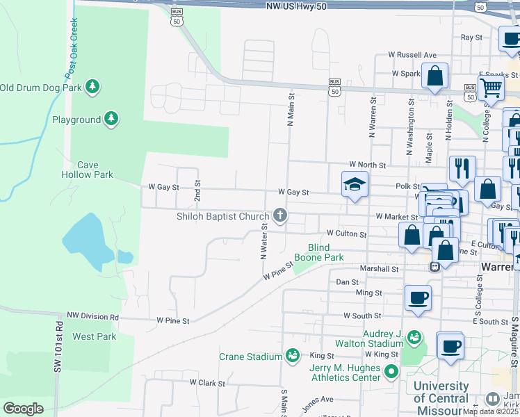 map of restaurants, bars, coffee shops, grocery stores, and more near 304 North Water Street in Warrensburg
