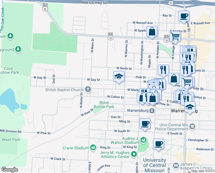 map of restaurants, bars, coffee shops, grocery stores, and more near 327 West Market Street in Warrensburg