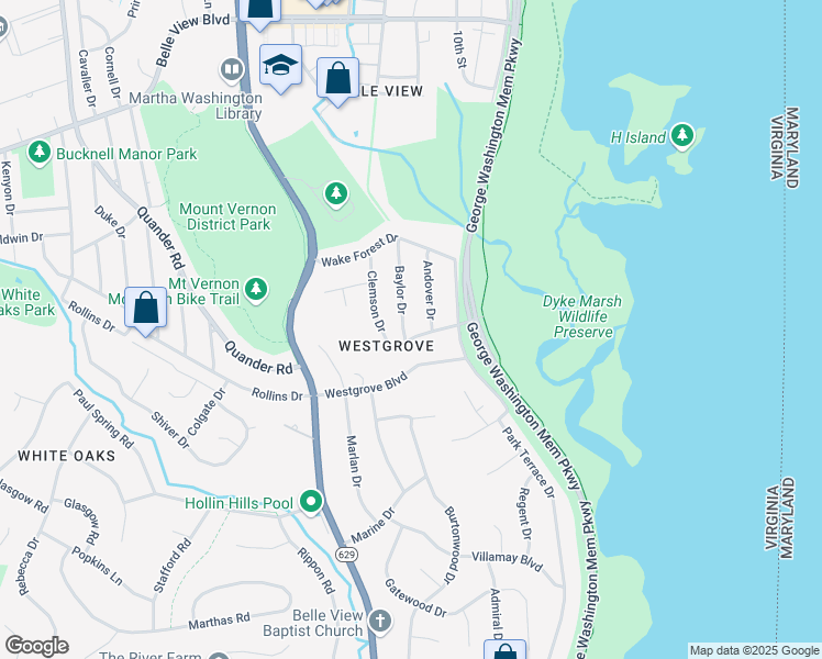 map of restaurants, bars, coffee shops, grocery stores, and more near 6921 Baylor Drive in Alexandria