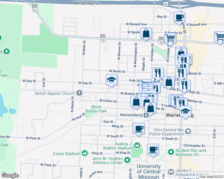 map of restaurants, bars, coffee shops, grocery stores, and more near 301 West Market Street in Warrensburg