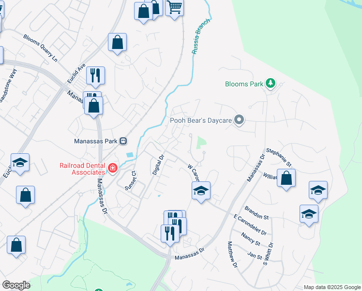 map of restaurants, bars, coffee shops, grocery stores, and more near 9575 Walker Way in Manassas Park