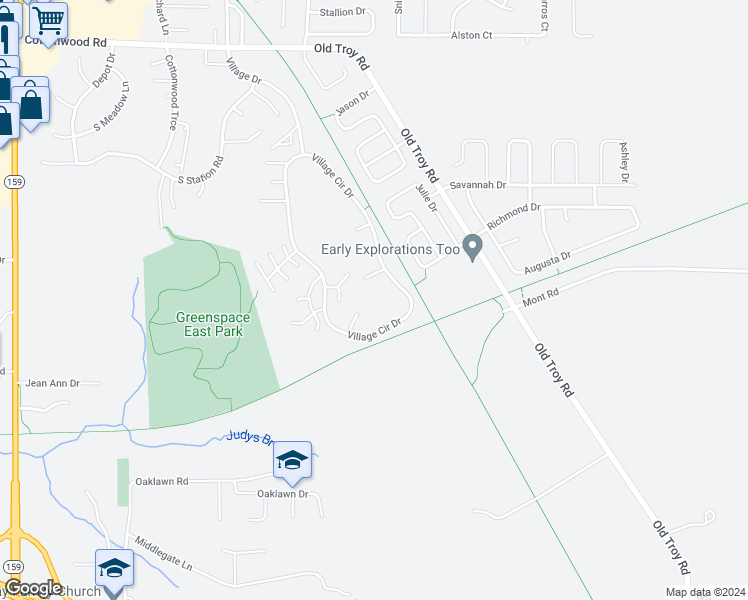 map of restaurants, bars, coffee shops, grocery stores, and more near 72 Village Circle Drive in Glen Carbon