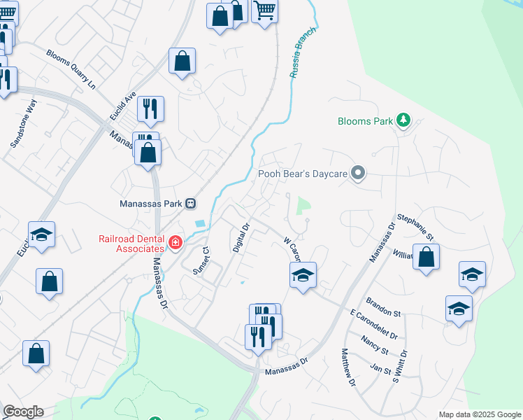 map of restaurants, bars, coffee shops, grocery stores, and more near Walker Way in Manassas Park