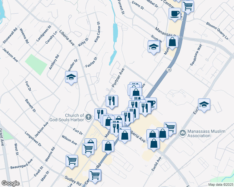 map of restaurants, bars, coffee shops, grocery stores, and more near 8670 Diane Court in Manassas