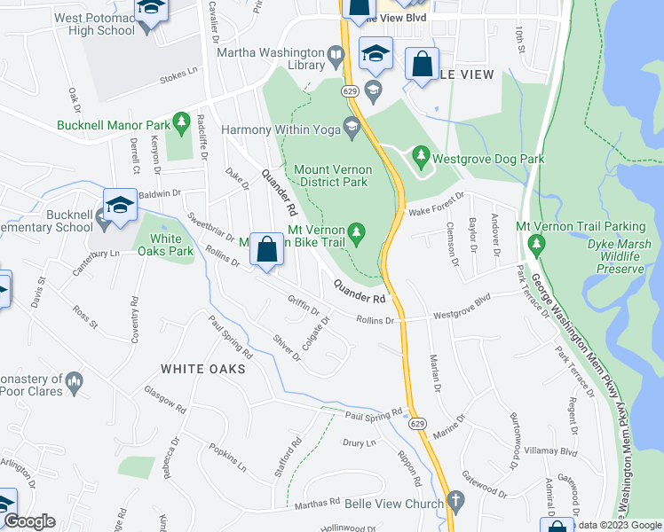 map of restaurants, bars, coffee shops, grocery stores, and more near 7013 Quander Road in Alexandria